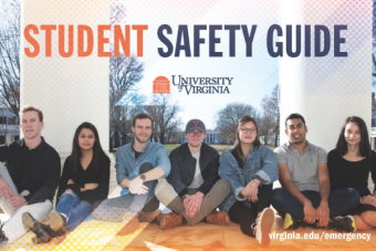 student safety guide text with students sitting at the rotunda